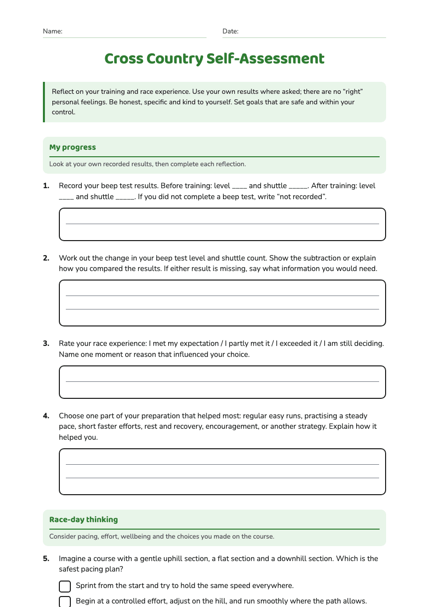 Cross Country Self-Assessment worksheet preview