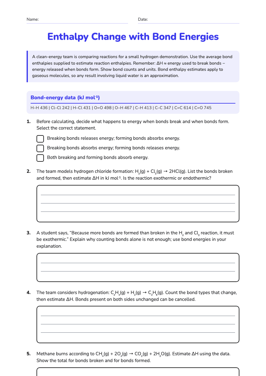 Enthalpy Change with Bond Energies worksheet preview