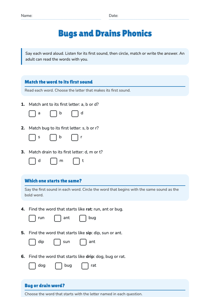 Bugs and Drains Phonics