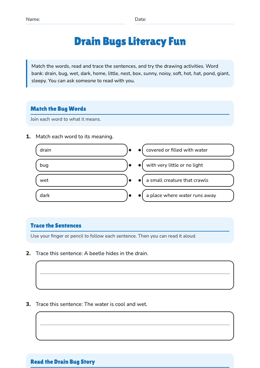 Drain Bugs Literacy Fun worksheet preview