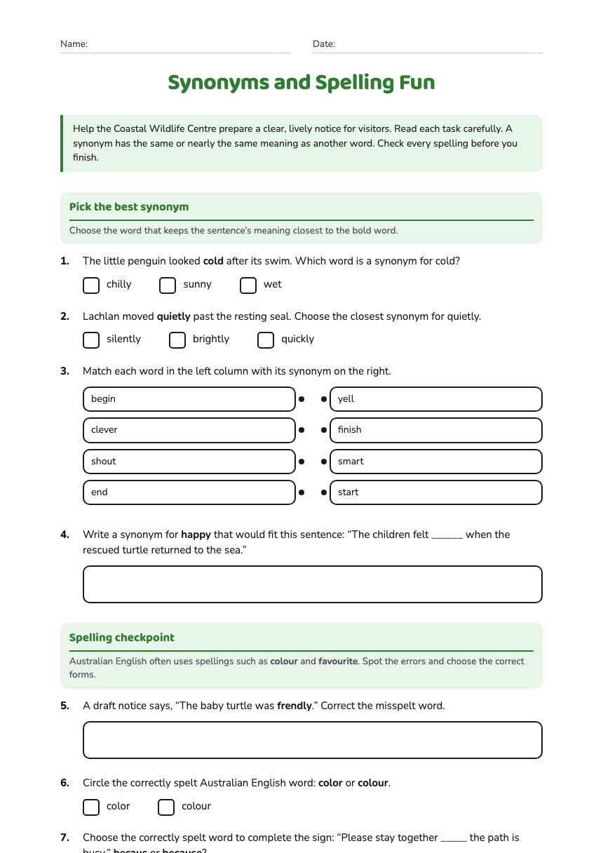 Synonyms and Spelling Fun worksheet preview