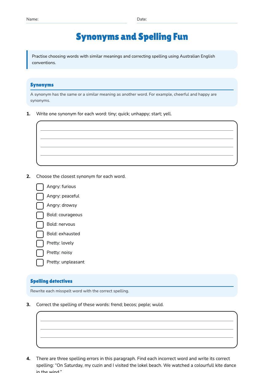 Synonyms and Spelling Fun worksheet preview