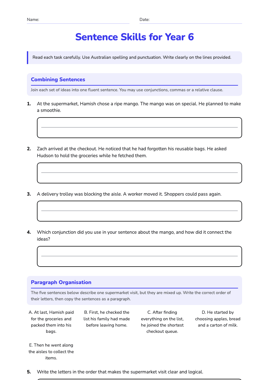 Sentence Skills for Year 6 worksheet preview