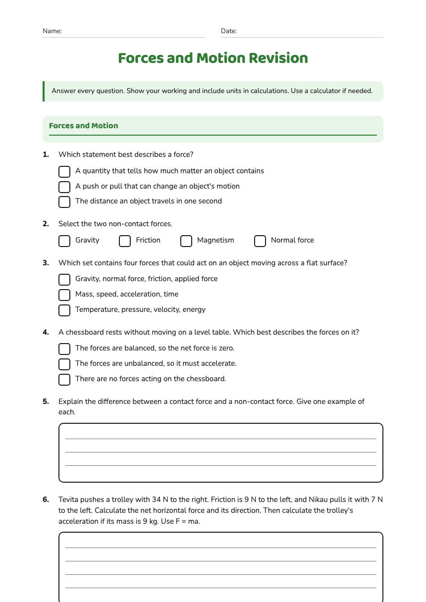 Forces and Motion Revision worksheet preview
