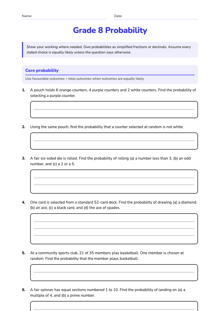 Grade 8 Probability worksheet preview