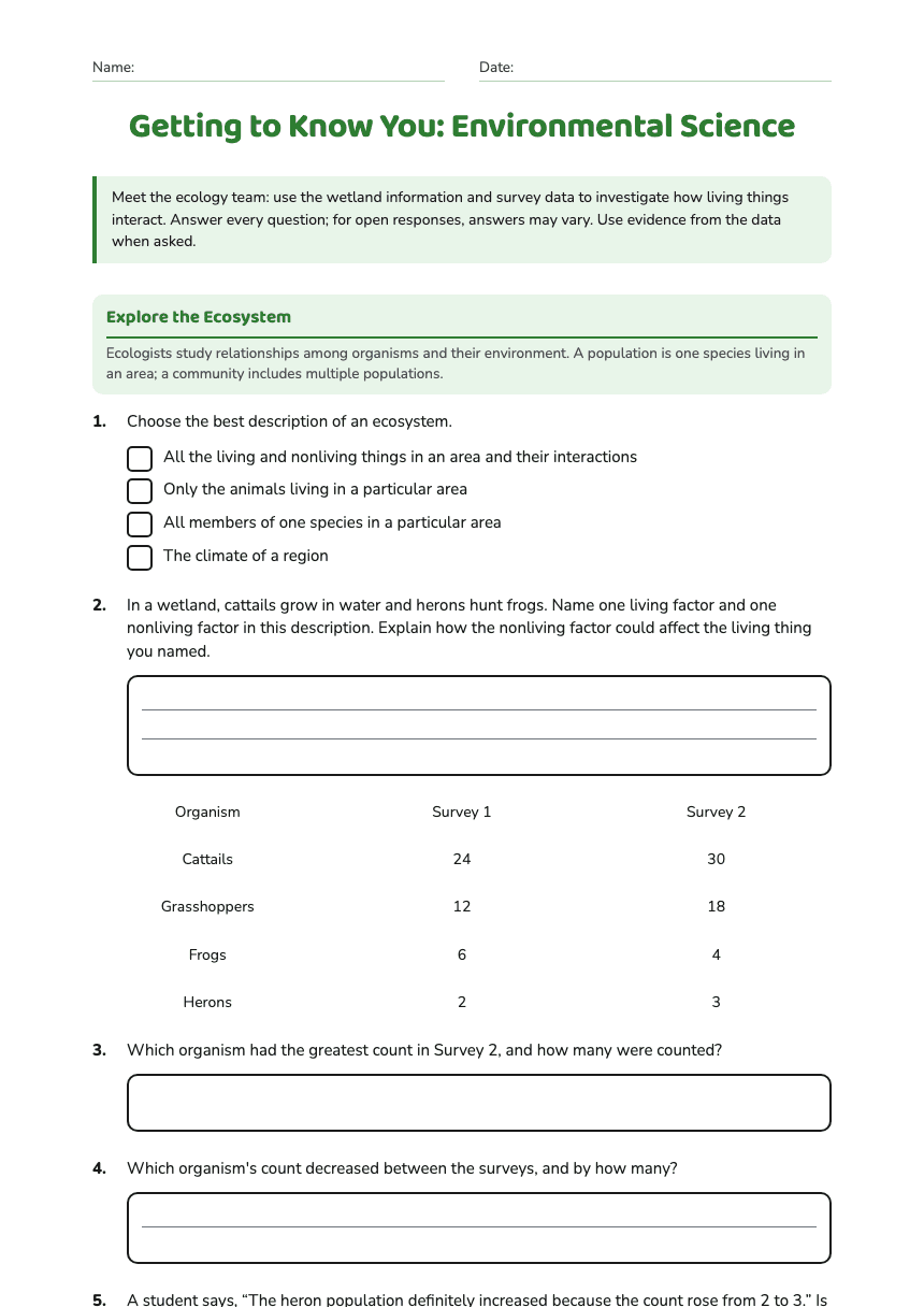 Getting to Know You: Environmental Science worksheet preview