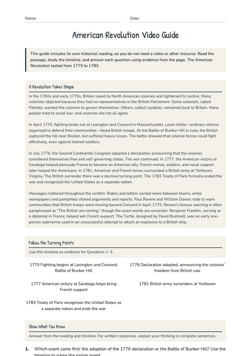American Revolution Video Guide worksheet preview