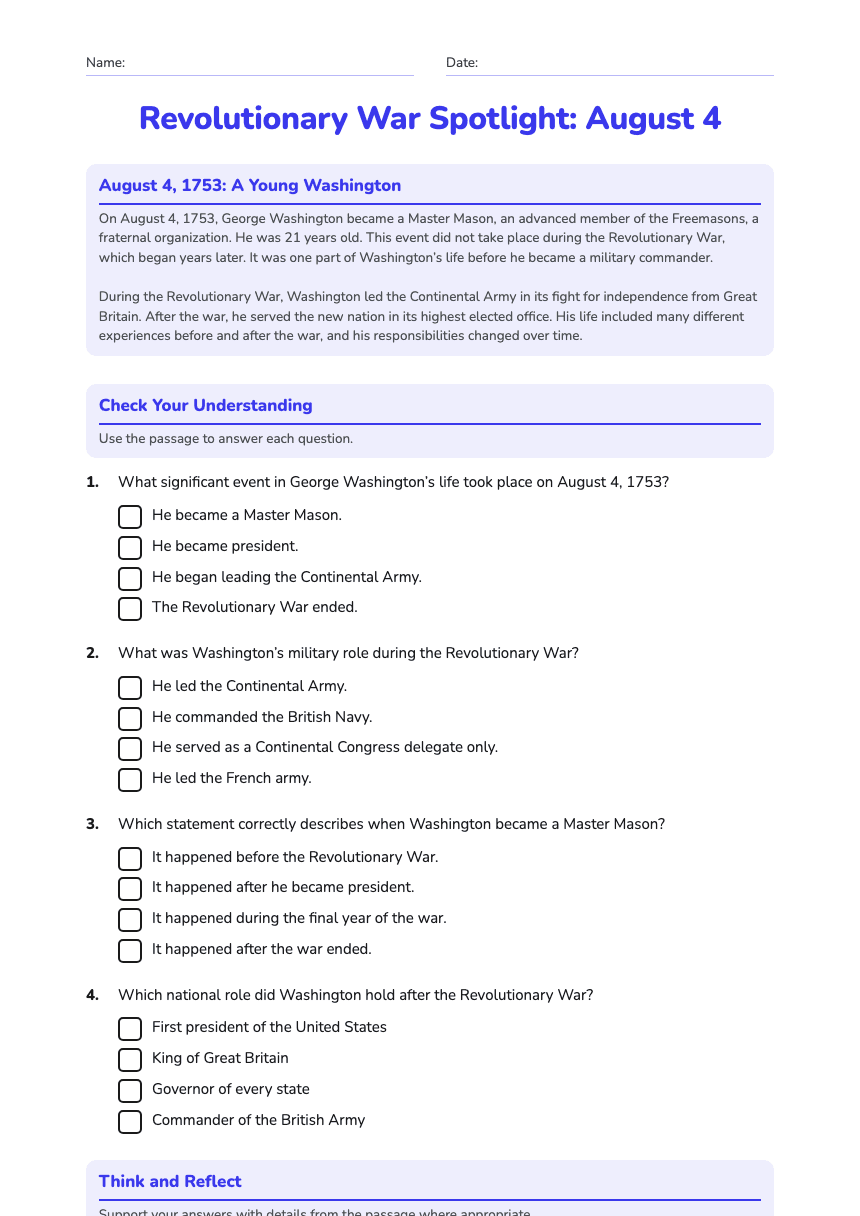 Revolutionary War Spotlight: August 4 worksheet preview