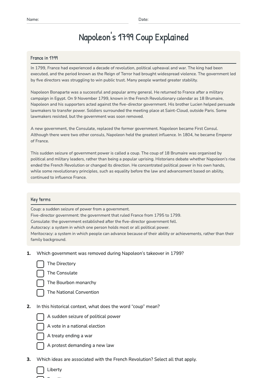 Napoleon's 1799 Coup Explained worksheet preview