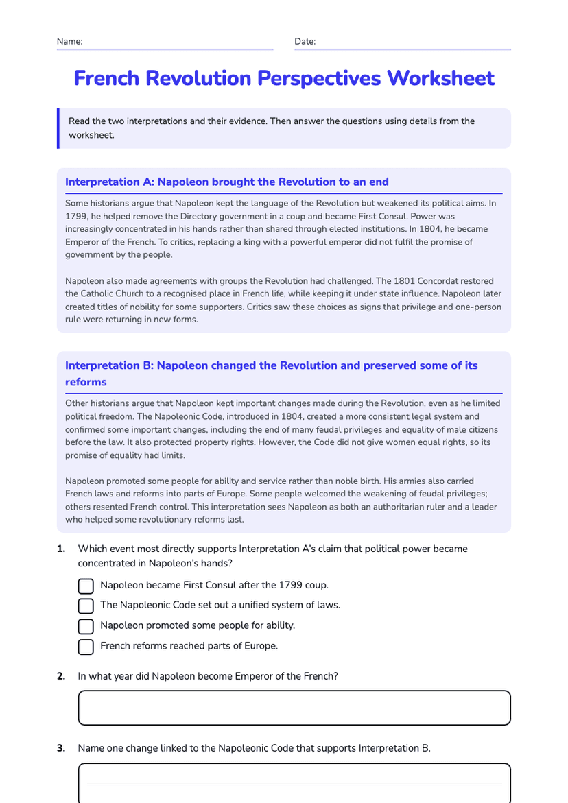 French Revolution Perspectives Worksheet