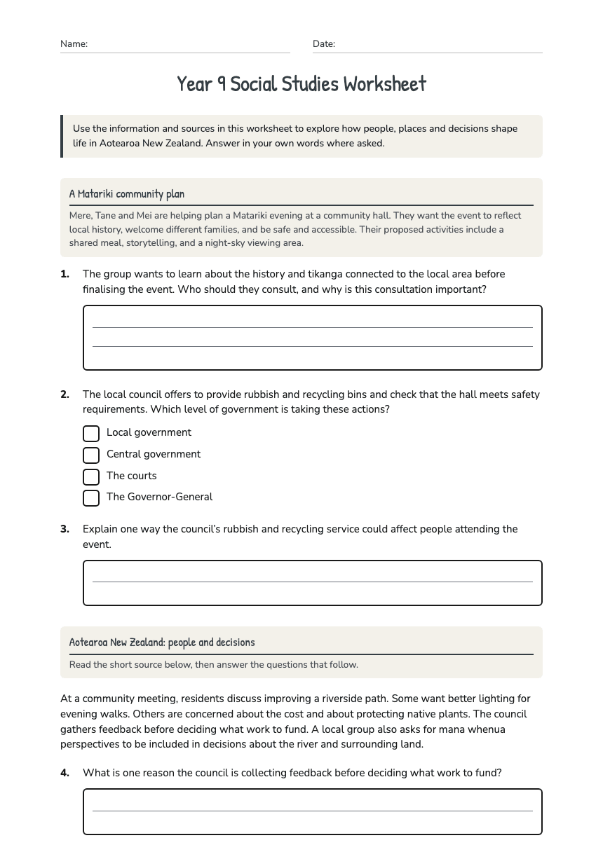 Year 9 Social Studies Worksheet worksheet preview
