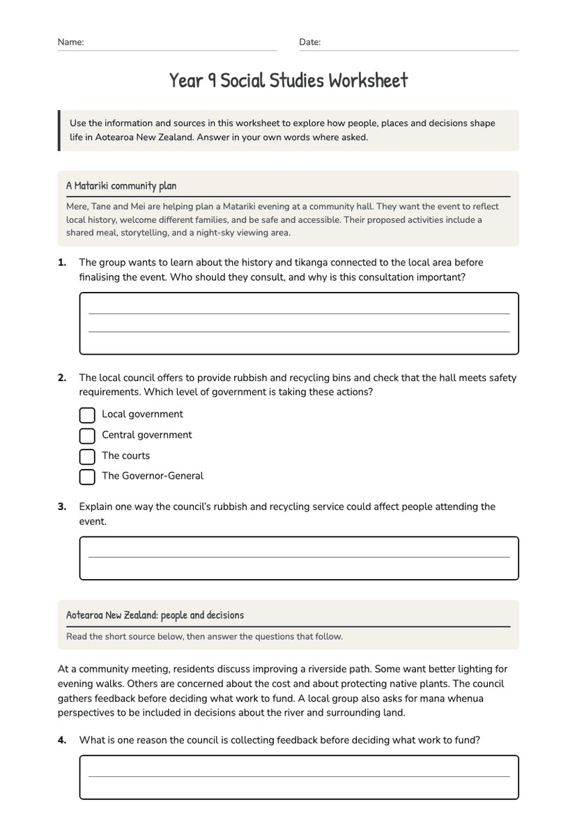 Year 9 Social Studies Worksheet