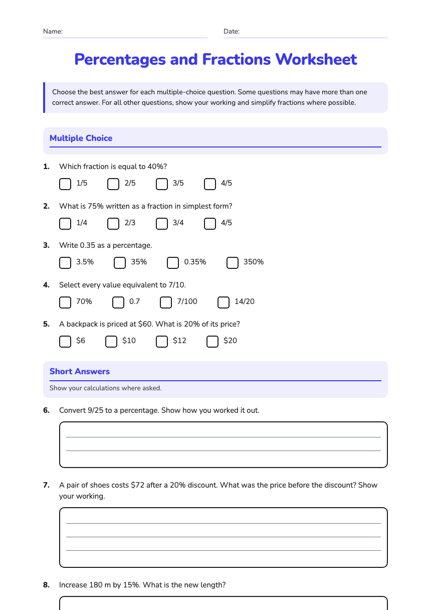 Percentages and Fractions Worksheet worksheet preview