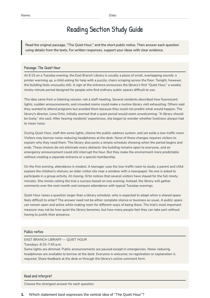 Reading Section Study Guide worksheet preview