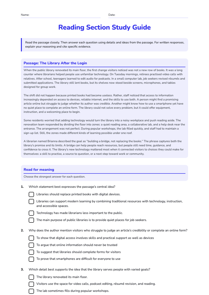 Reading Section Study Guide worksheet preview