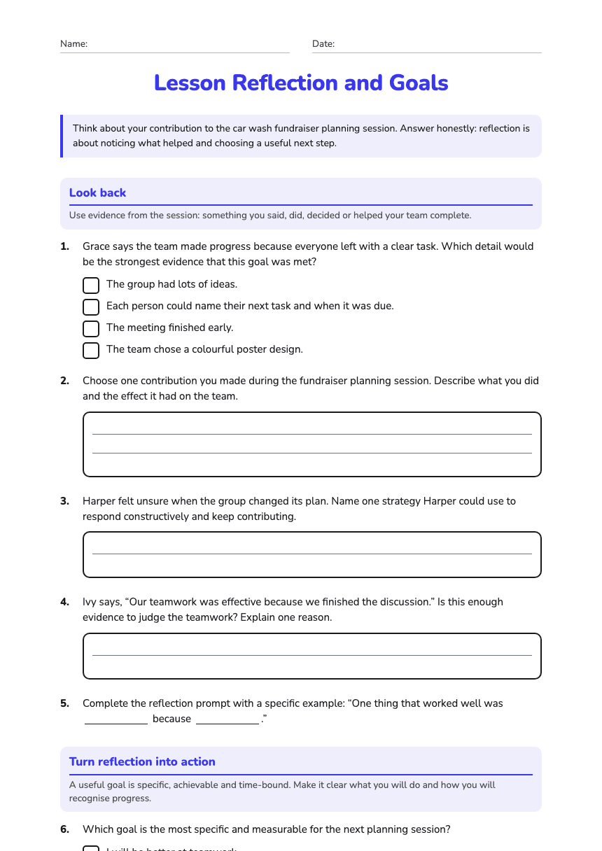 Lesson Reflection and Goals worksheet preview