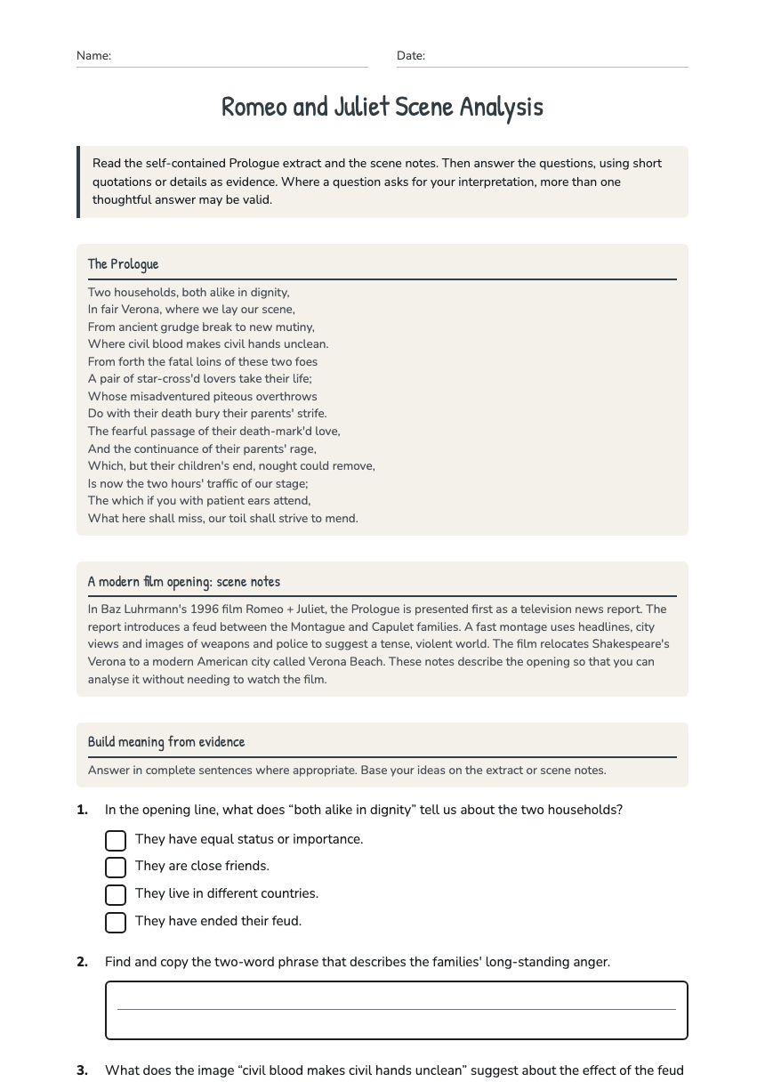 Romeo and Juliet Scene Analysis worksheet preview