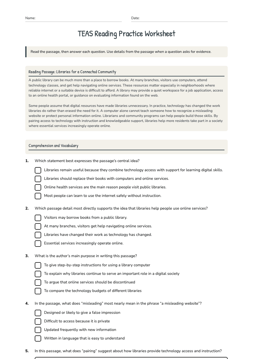 TEAS Reading Practice Worksheet worksheet preview