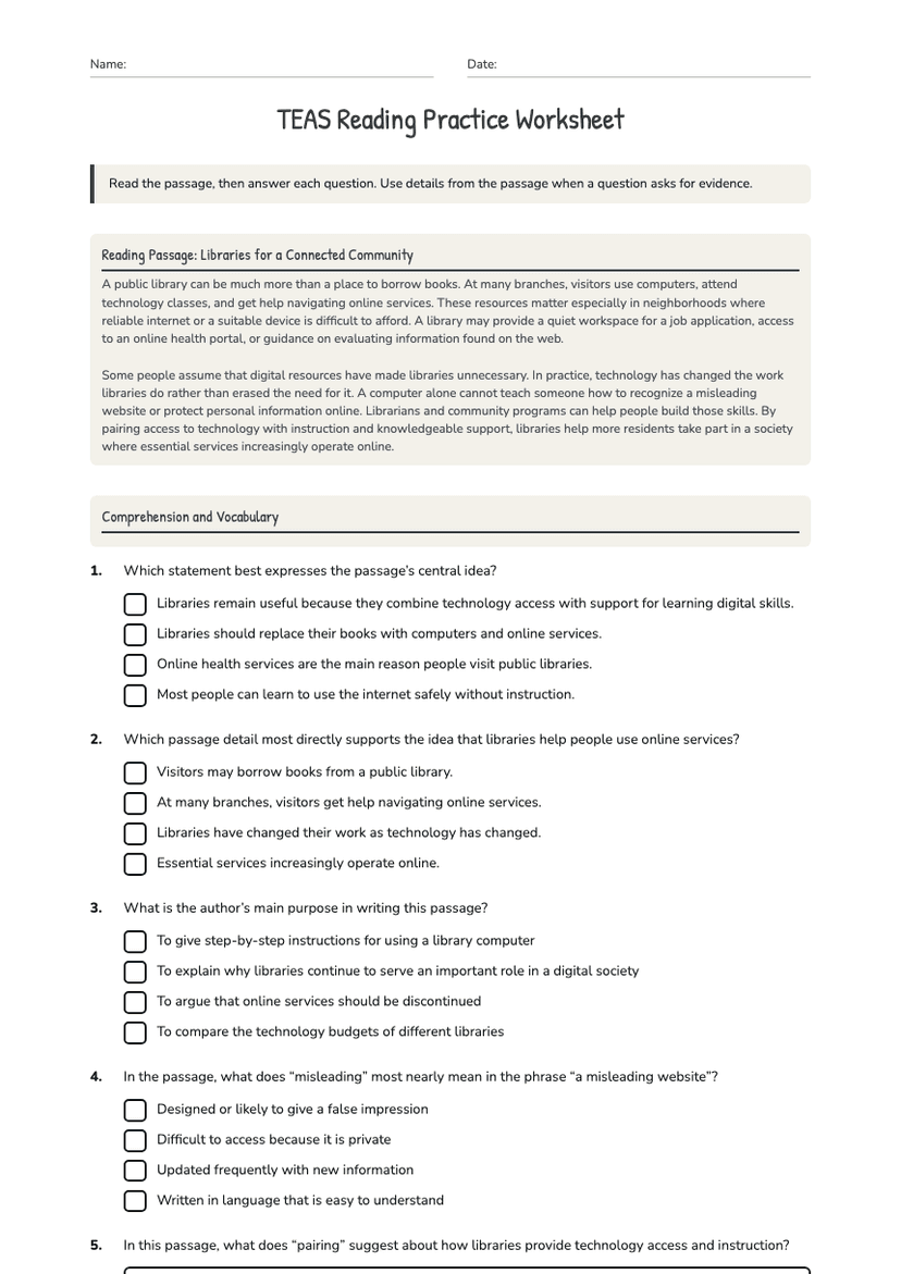 TEAS Reading Practice Worksheet