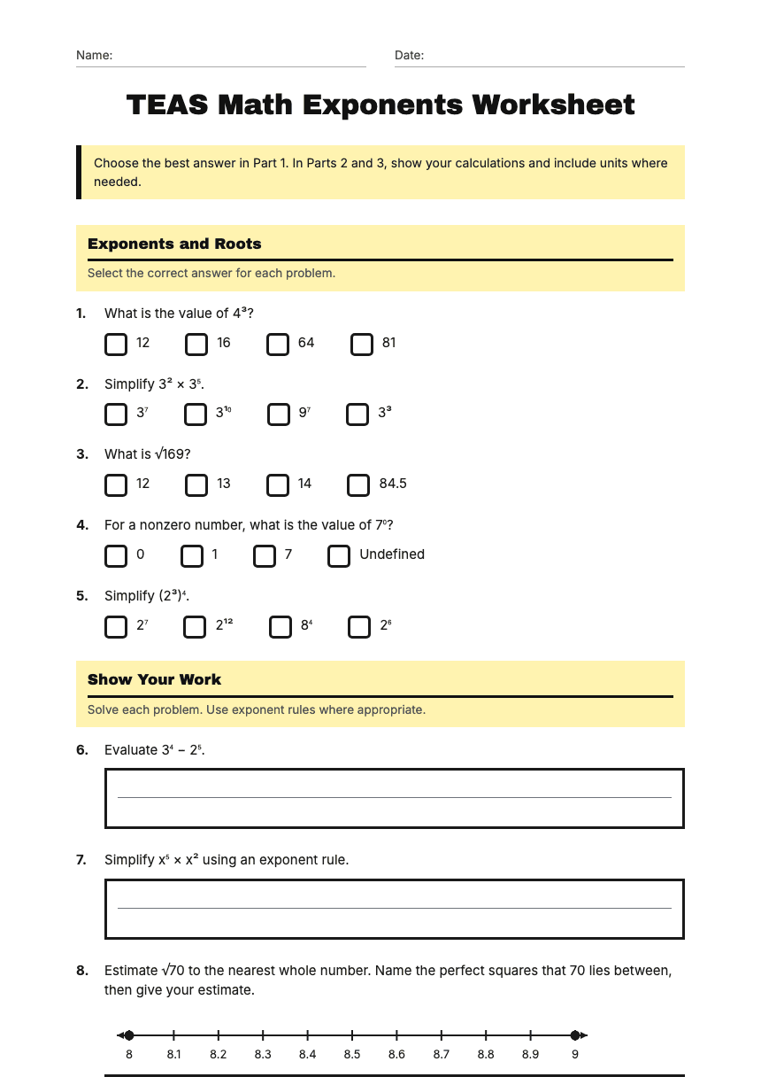TEAS Math Exponents Worksheet worksheet preview