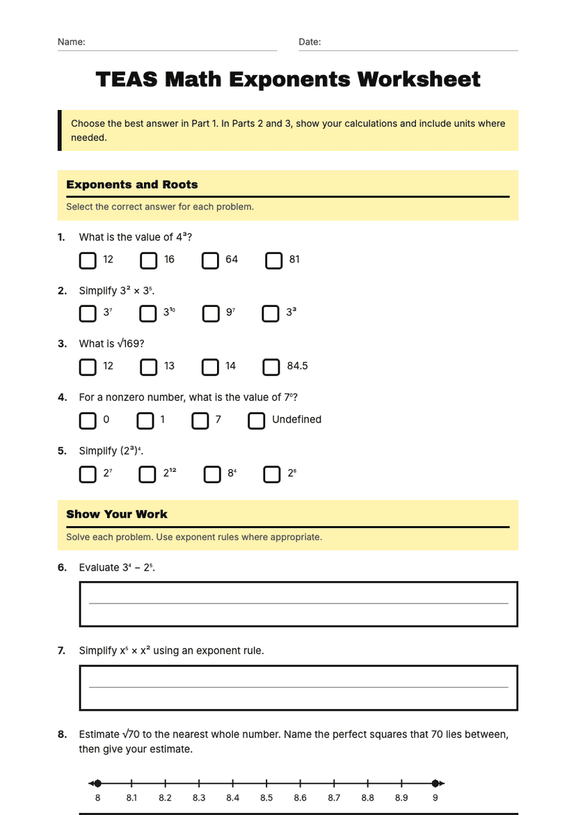 TEAS Math Exponents Worksheet