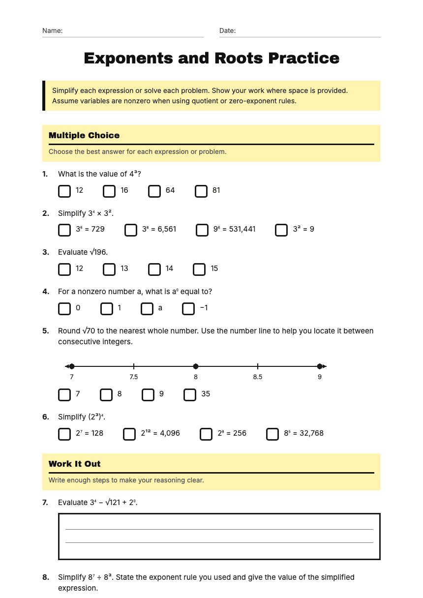Exponents and Roots Practice worksheet preview