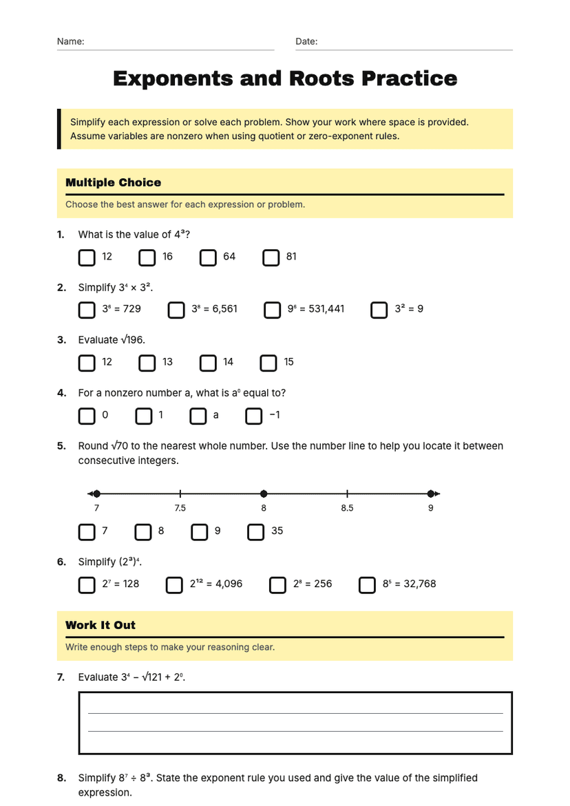 Exponents and Roots Practice