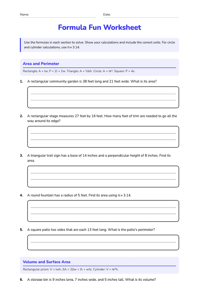 Formula Fun Worksheet
