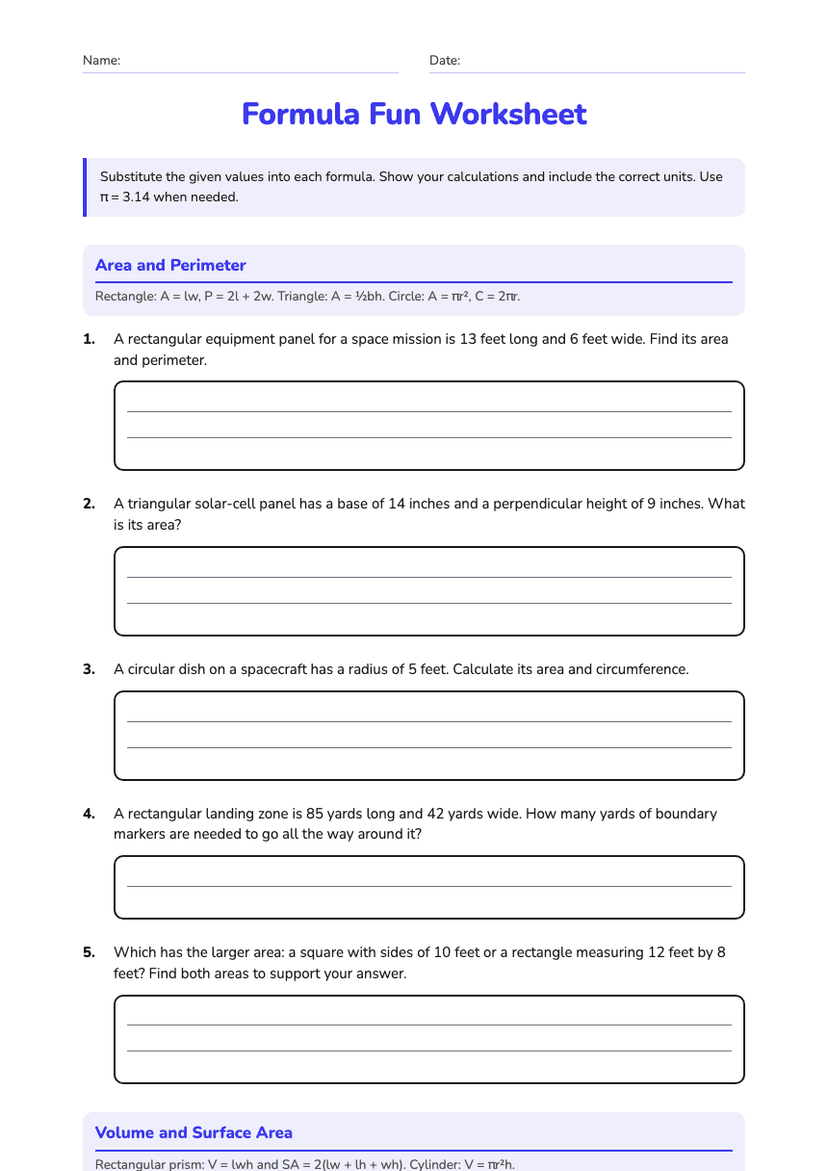 Formula Fun Worksheet