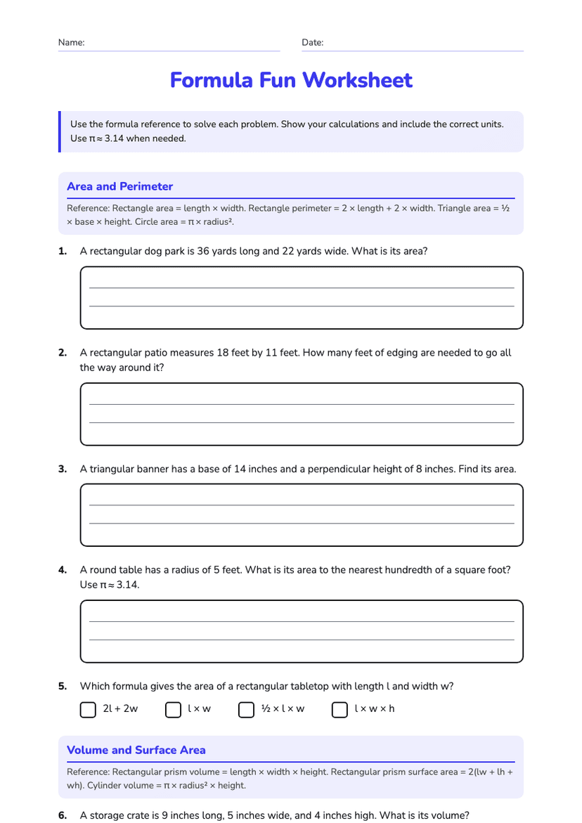 Formula Fun Worksheet