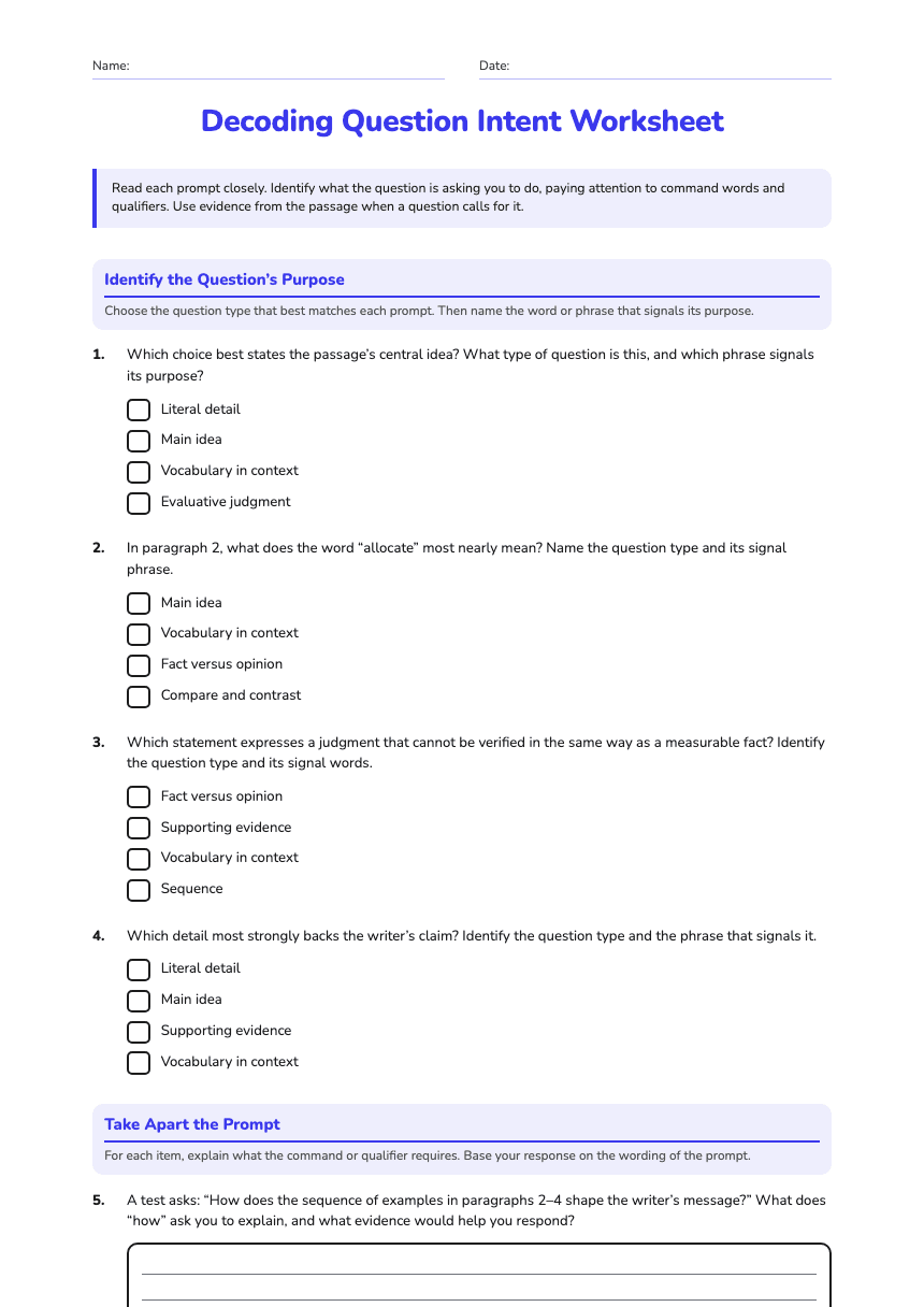 Decoding Question Intent Worksheet worksheet preview