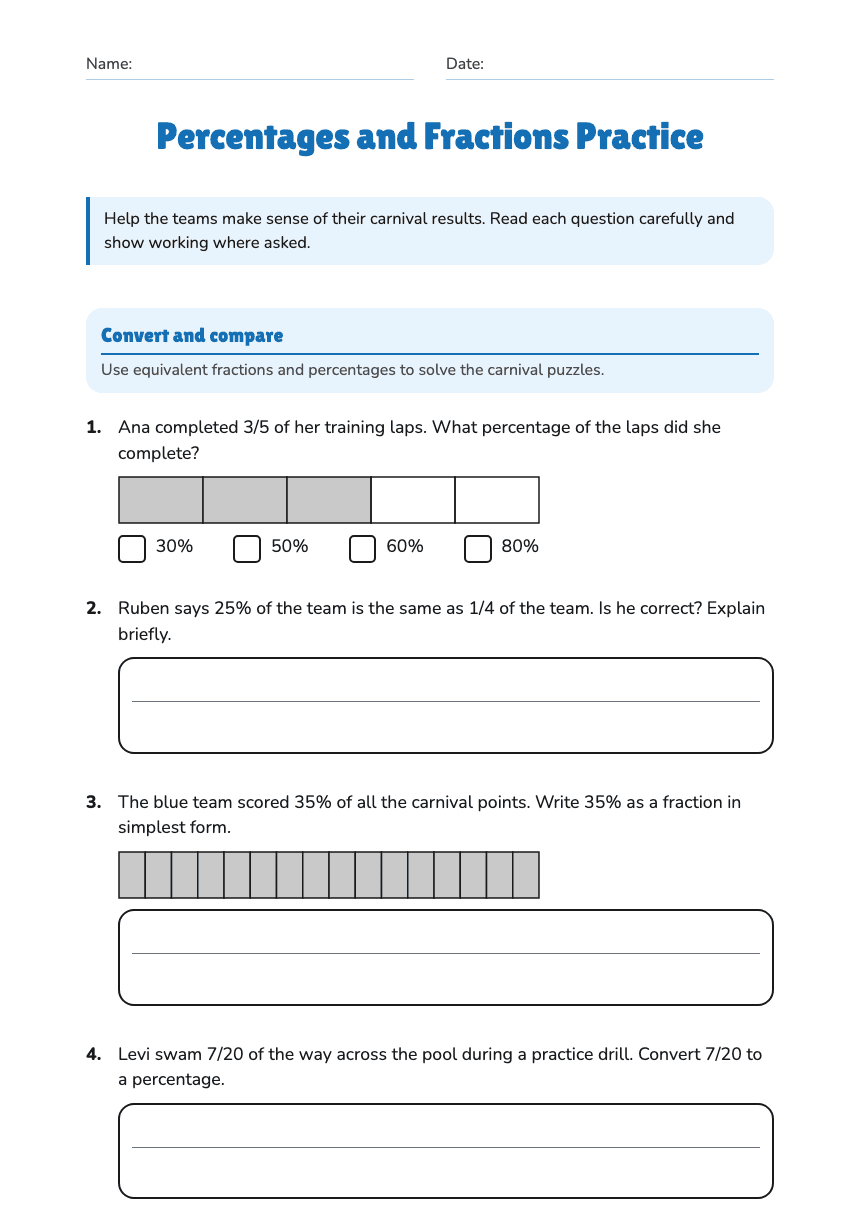 Percentages and Fractions Practice worksheet preview