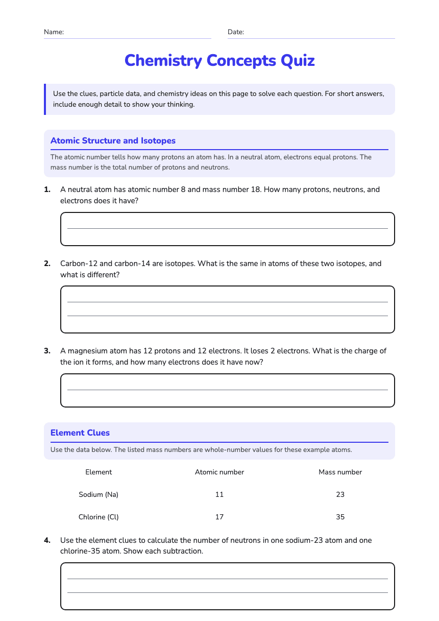 Chemistry Concepts Quiz worksheet preview