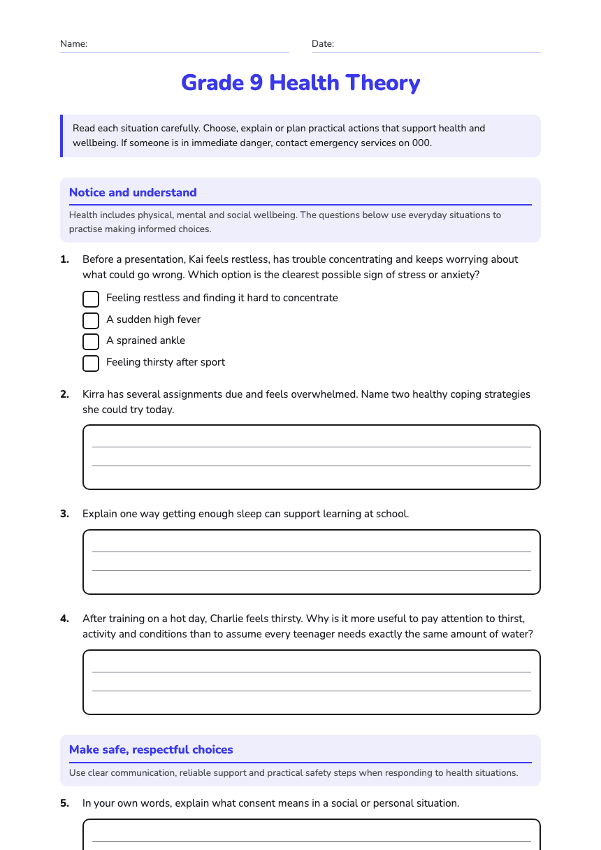 Grade 9 Health Theory worksheet preview