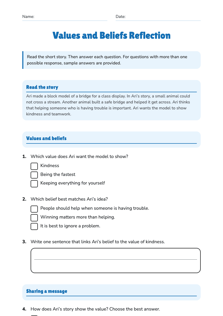 Values and Beliefs Reflection worksheet preview