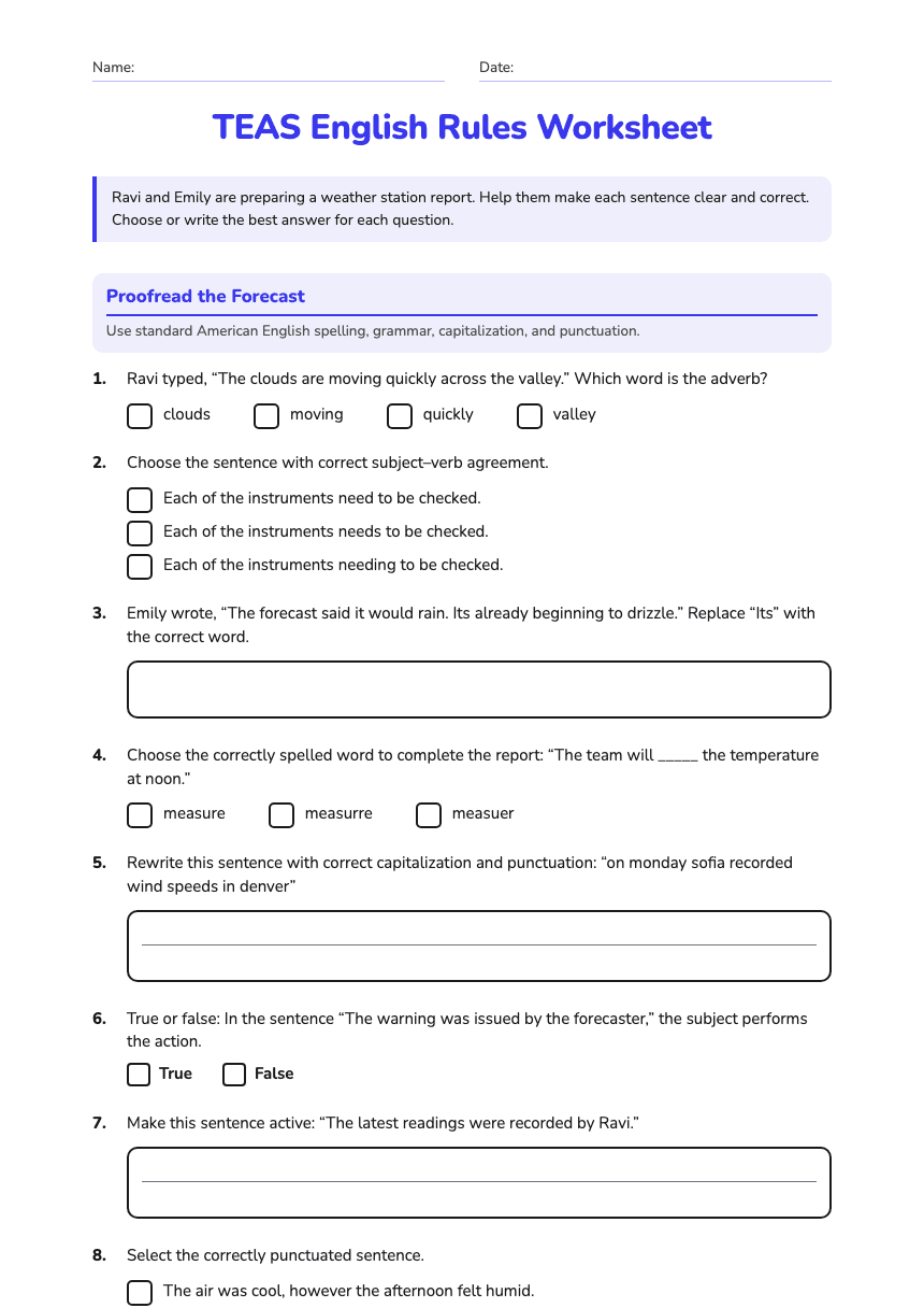 TEAS English Rules Worksheet worksheet preview