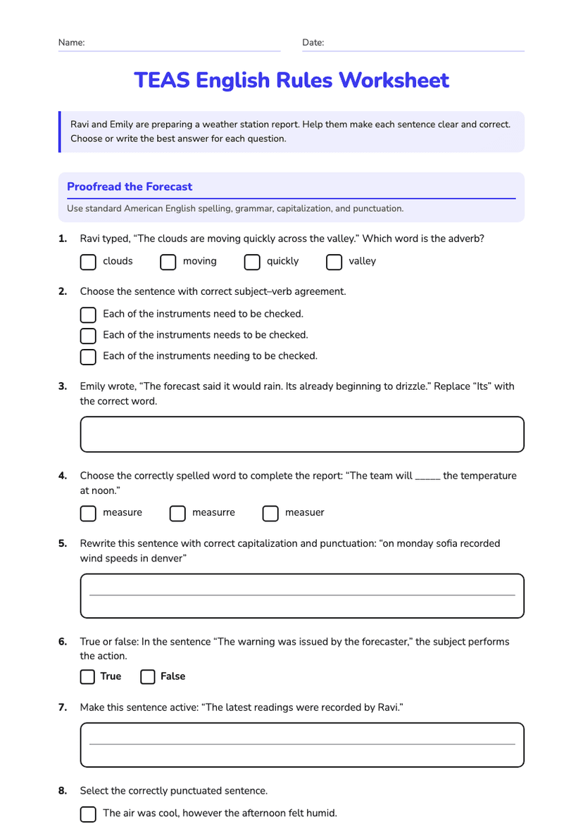 TEAS English Rules Worksheet