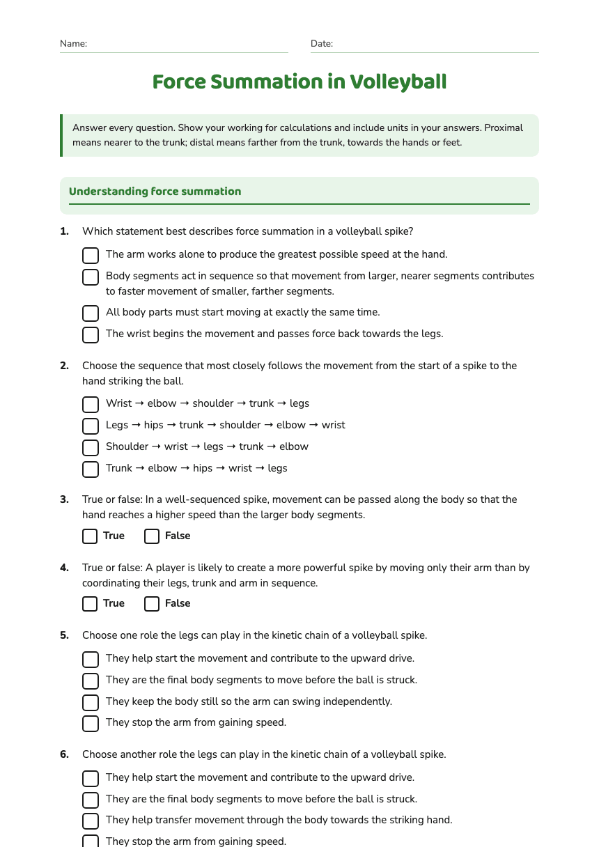 Force Summation in Volleyball worksheet preview