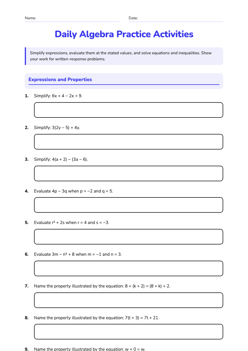 Daily Algebra Practice Activities worksheet preview