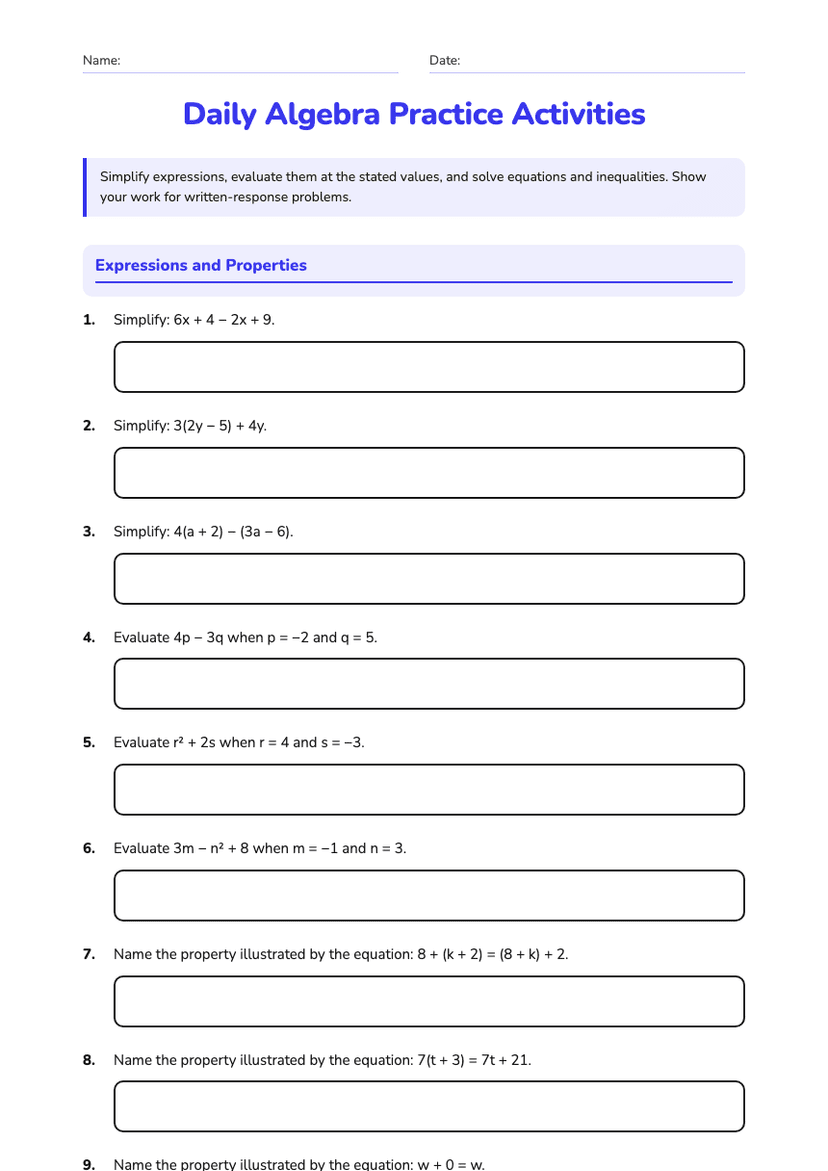 Daily Algebra Practice Activities