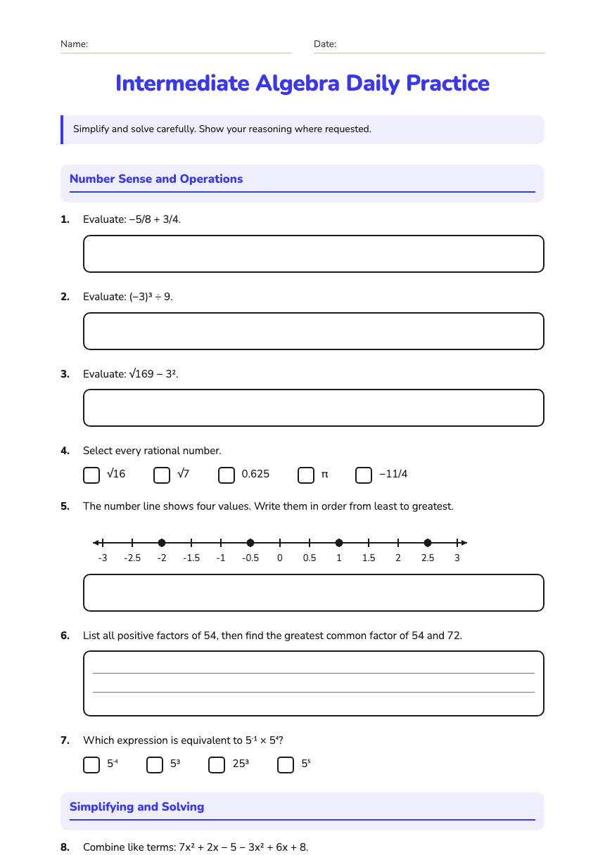 Intermediate Algebra Daily Practice worksheet preview