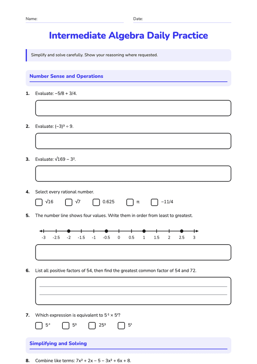 Intermediate Algebra Daily Practice