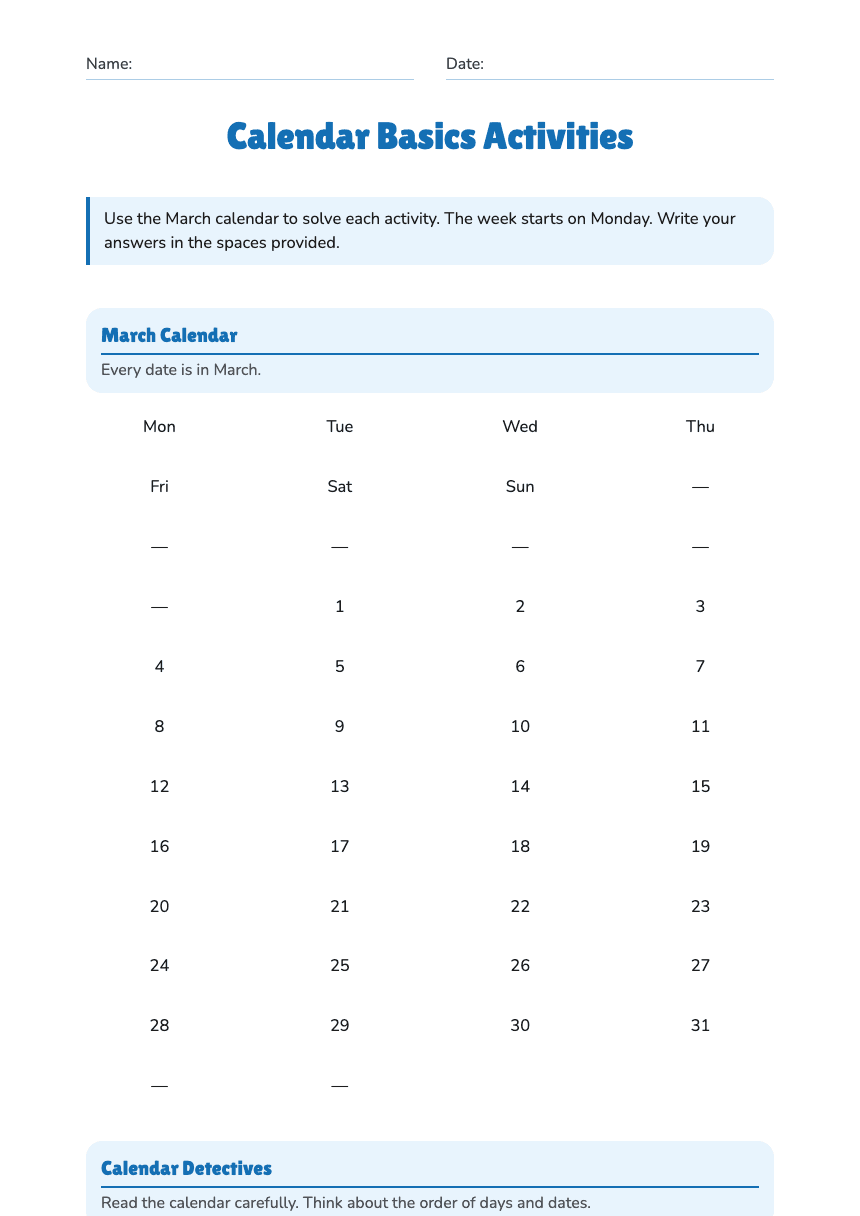 Calendar Basics Activities worksheet preview