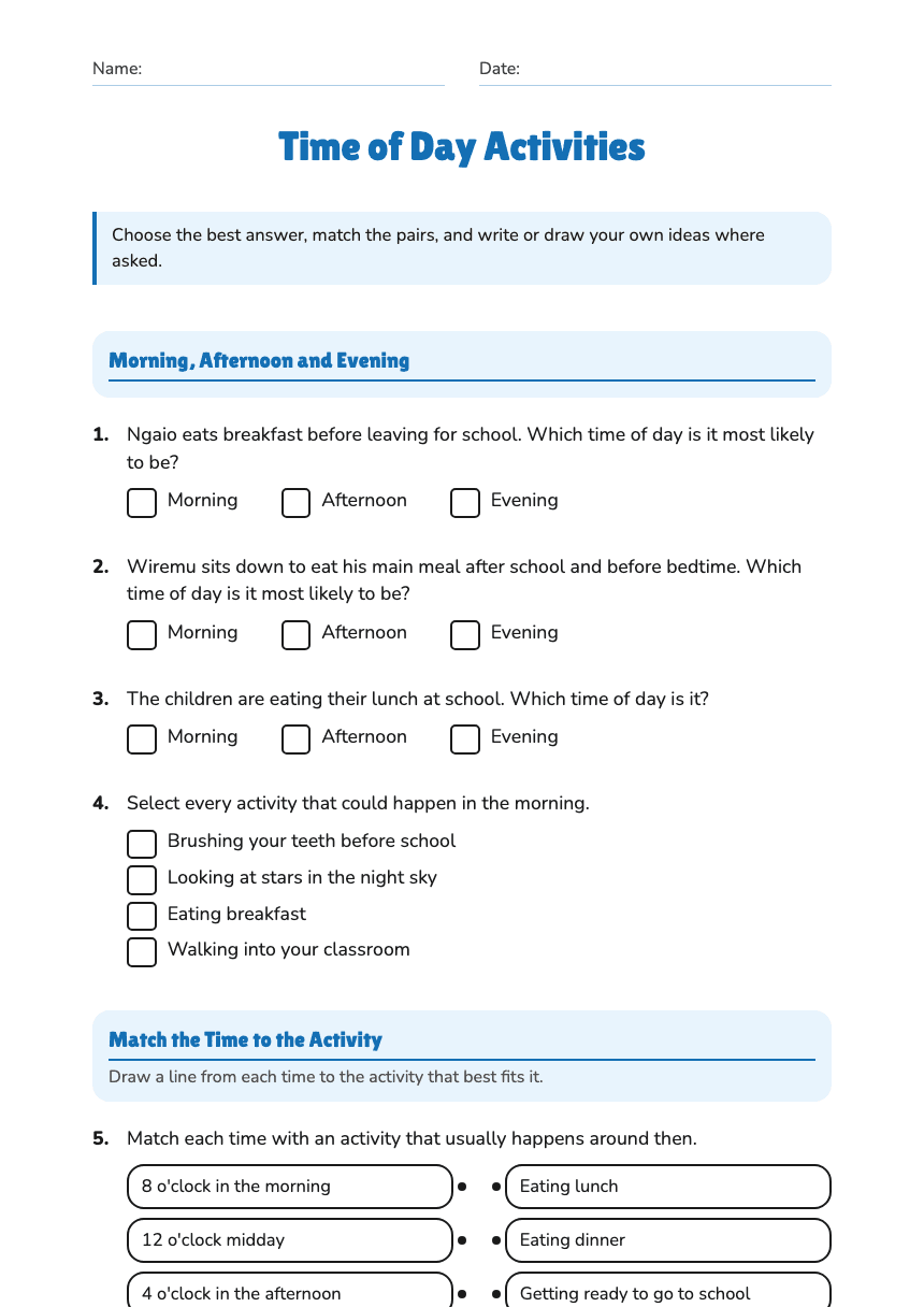 Time of Day Activities worksheet preview