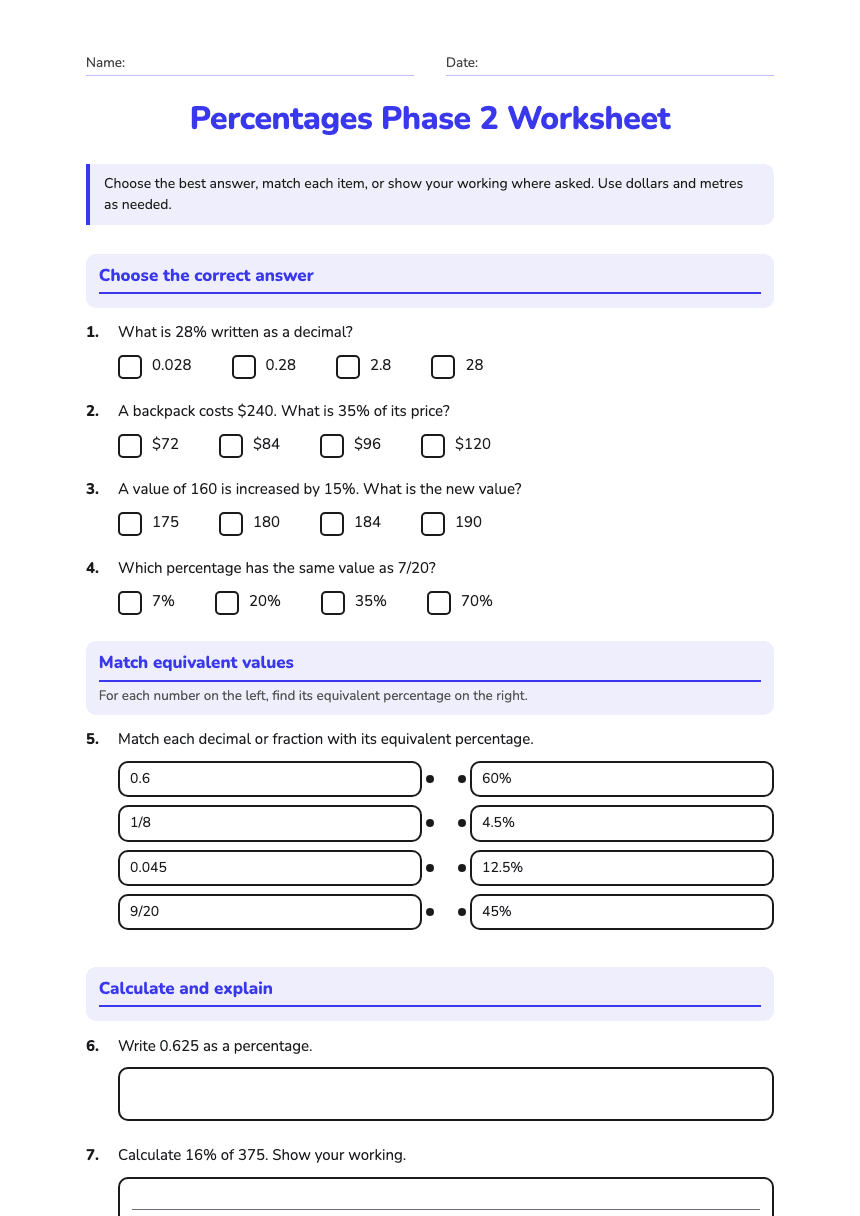 Percentages Phase 2 Worksheet worksheet preview