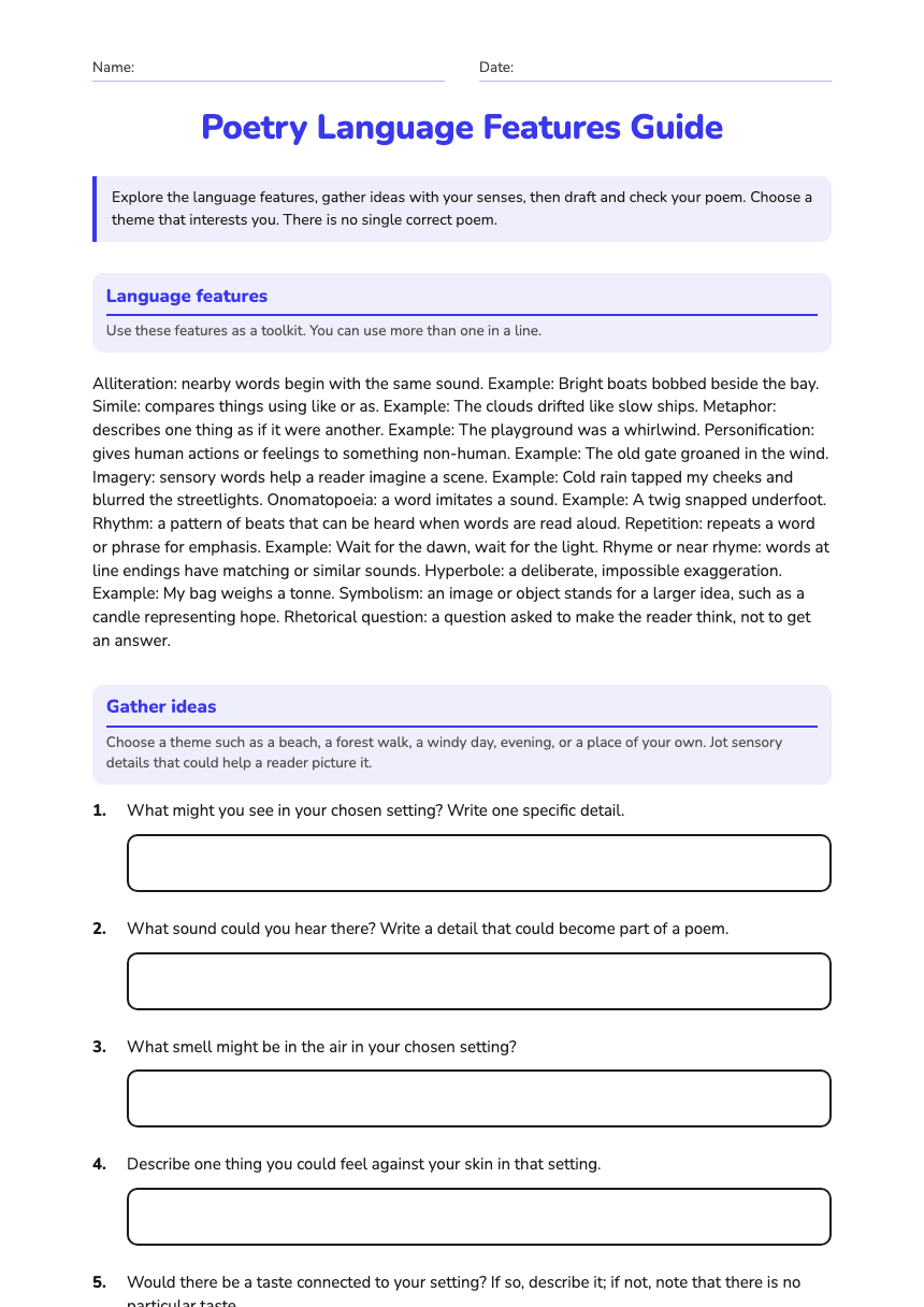 Poetry Language Features Guide worksheet preview