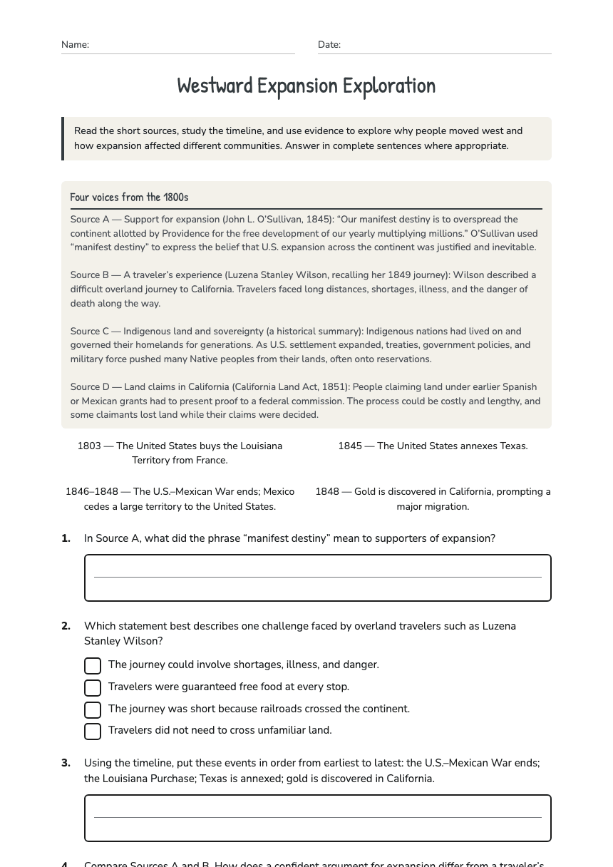 Westward Expansion Exploration worksheet preview