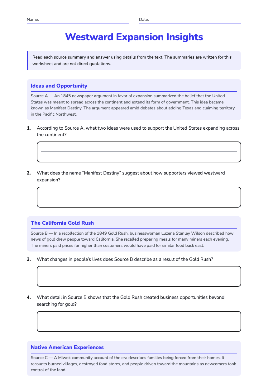 Westward Expansion Insights worksheet preview