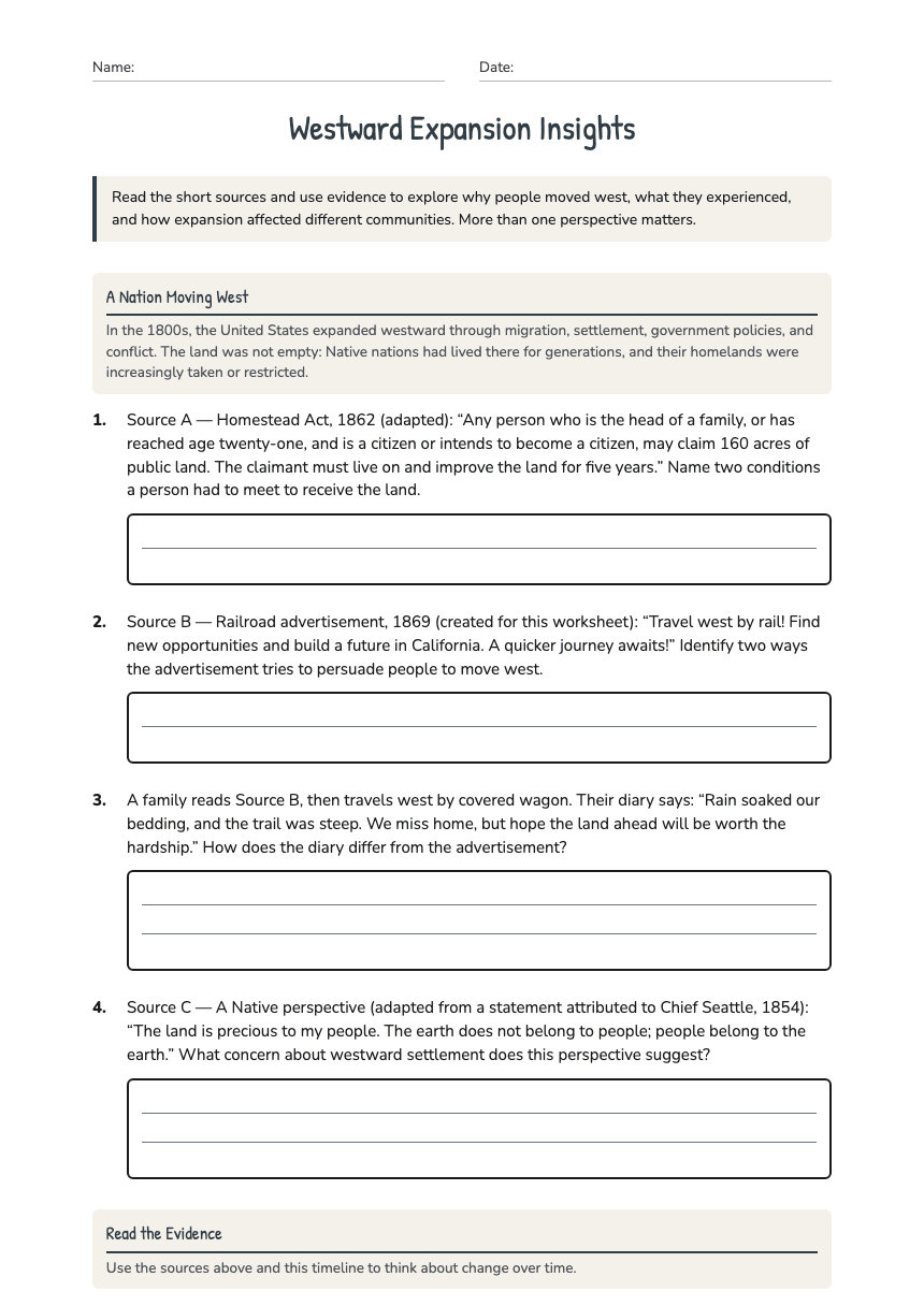 Westward Expansion Insights worksheet preview