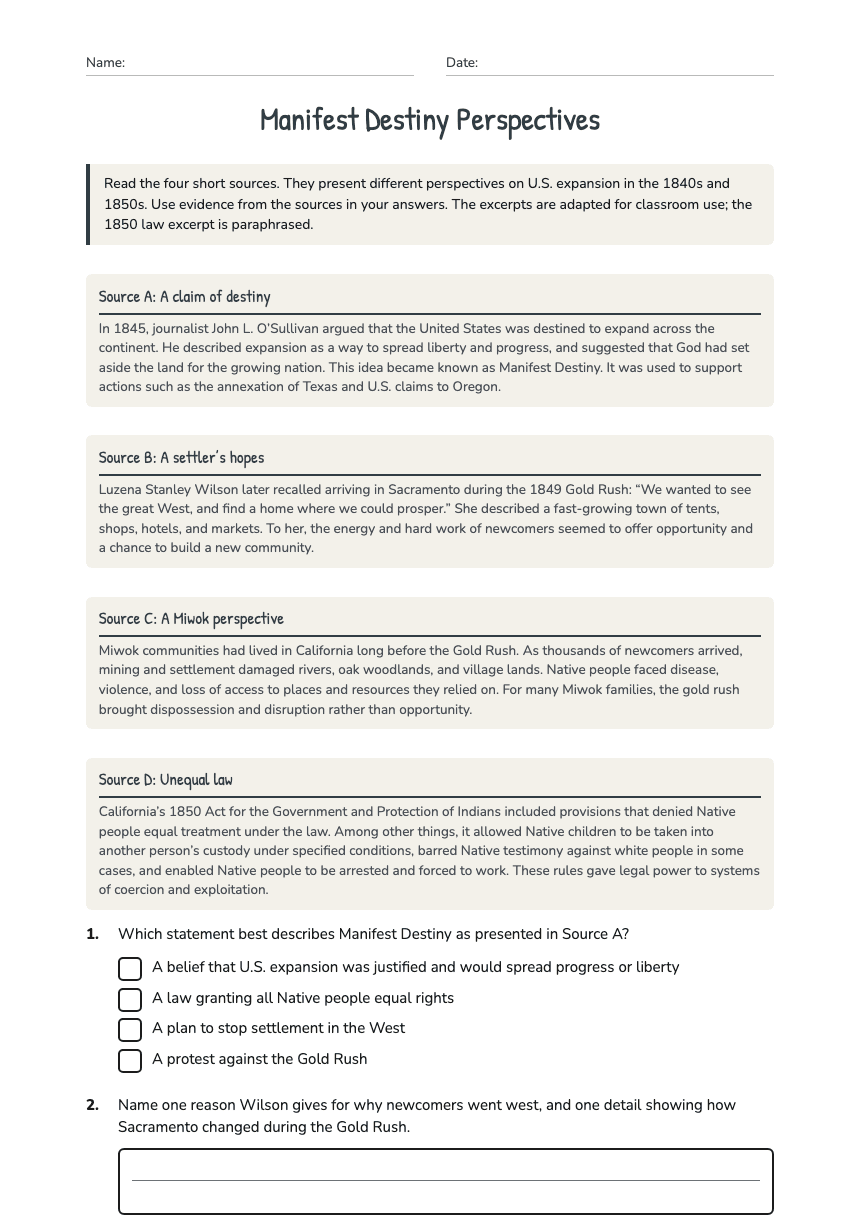 Manifest Destiny Perspectives worksheet preview